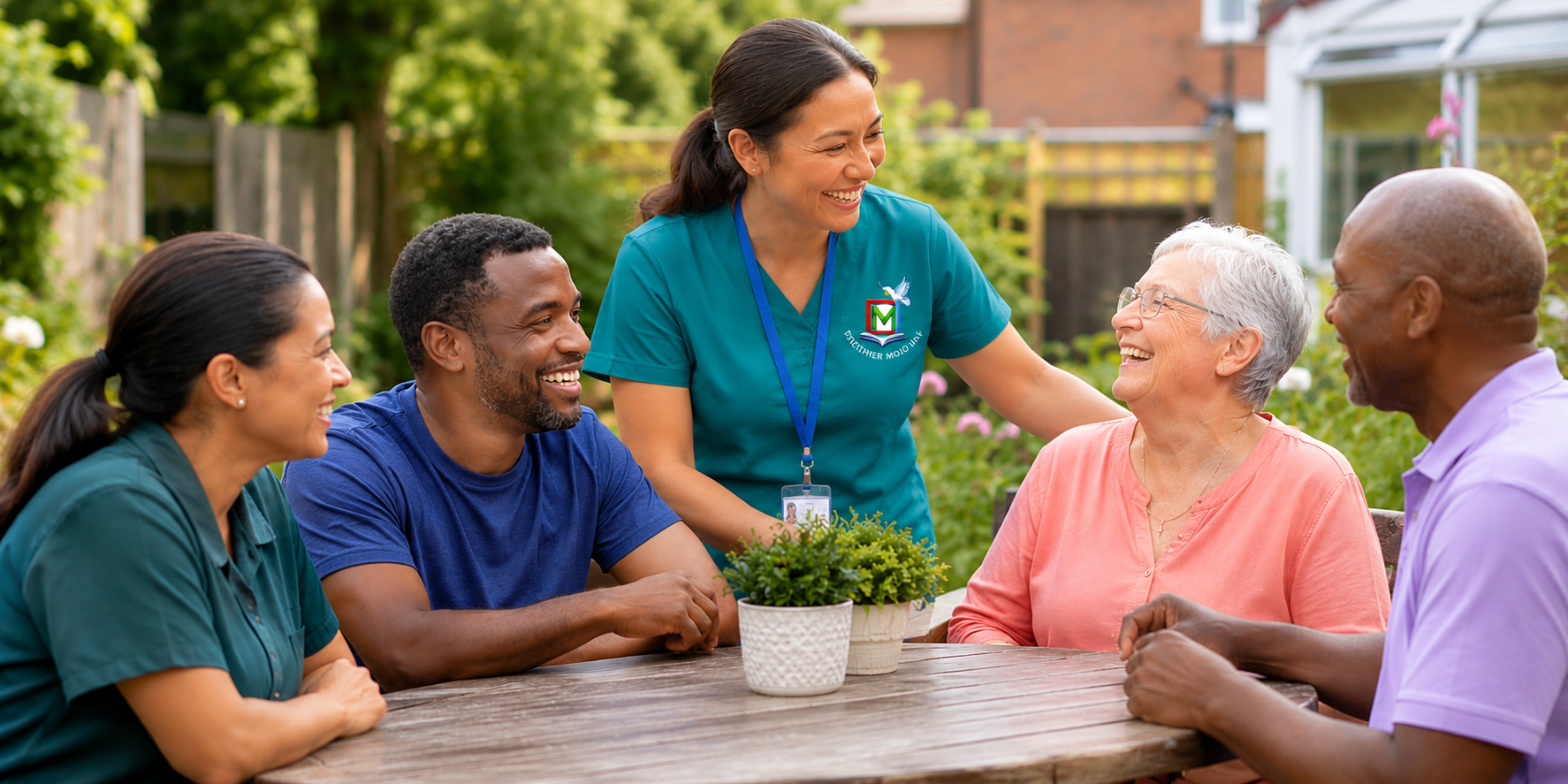 A care professional supporting an adult wheelchair user in a welcoming care setting